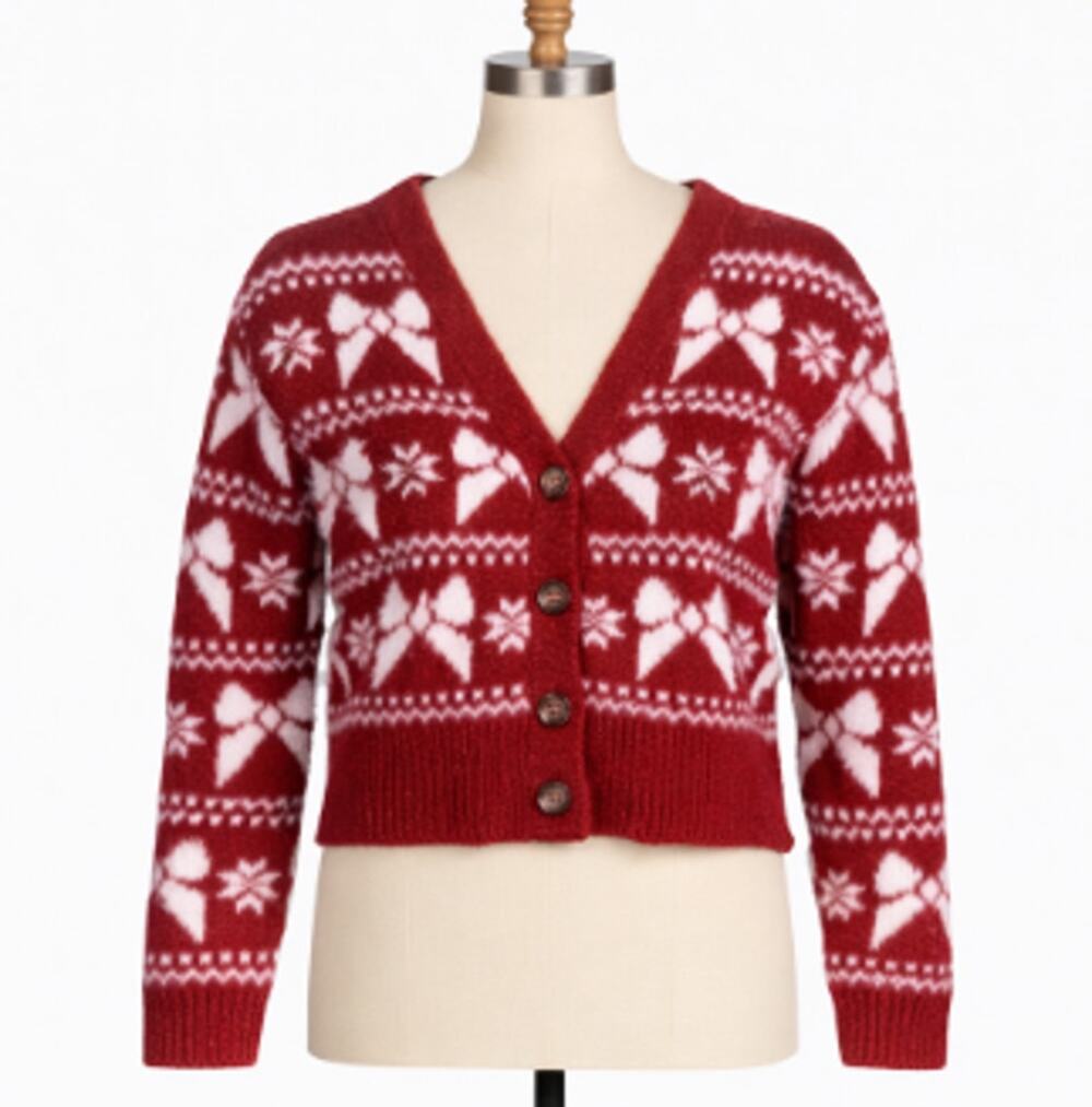 Sincerely Jules Fair Isle Christmas Cropped Cardigan Alpaca Red White Large NWT
